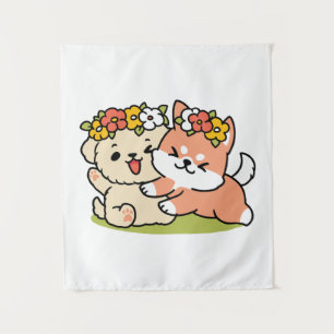 Spring Into Cuteness – Adorable Dog Illustration  Tapestry