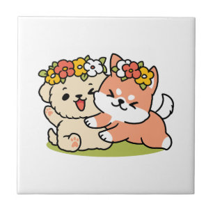 Spring Into Cuteness – Adorable Dog Illustration  Tile