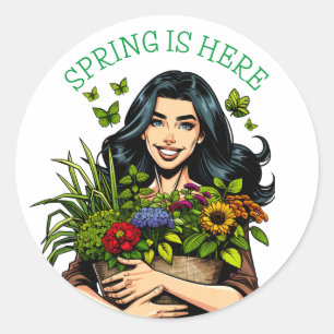 Spring is Here Lady with Armful of Plants Classic Round Sticker