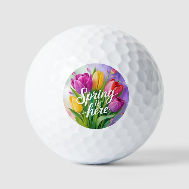 "Spring is Here" Tulip Bouquet Illustration Golf Balls (Front)