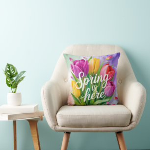"Spring is Here" Tulip Bouquet Illustration Throw Pillow