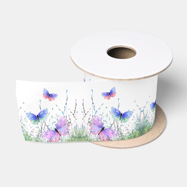 Spring Joy - Colourful Butterflies Flying in Natur Satin Ribbon (Spool)