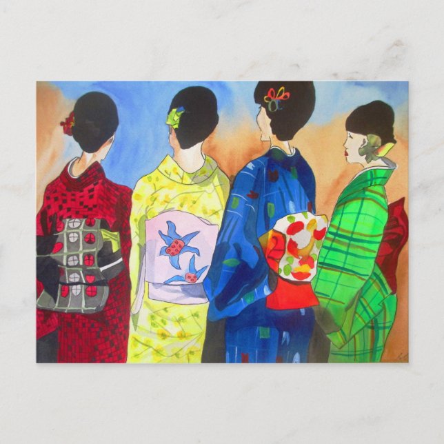 Spring Kimono Japanese Geisha watercolor art Postcard (Front)