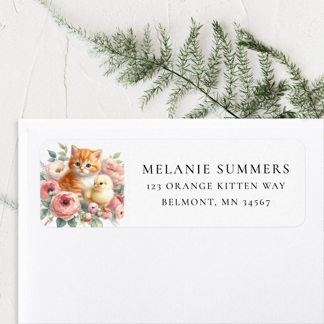Spring Kitten and Chick Floral Address Label (Creator Uploaded)