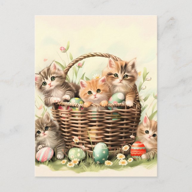 Spring Kitten Easter Basket  Announcement Postcard (Front)
