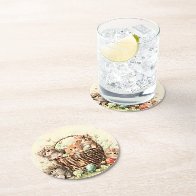 Spring Kitten Easter Basket  Round Paper Coaster (Insitu)