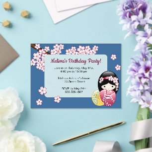Spring Kokeshi Blue Transparent Window Birthday Acrylic Invitations