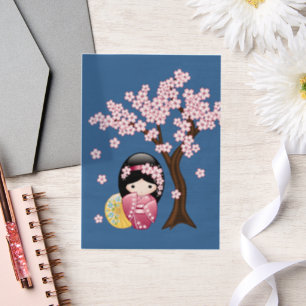 Spring Kokeshi Cute Japanese Geisha Blue Insert Vellum Invitations