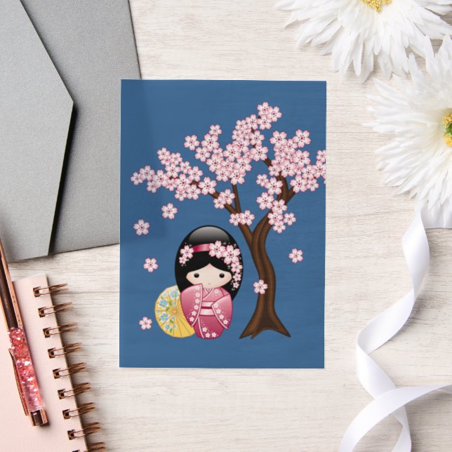 Spring Kokeshi Cute Japanese Geisha Blue Insert Vellum Invitations (Wedding)