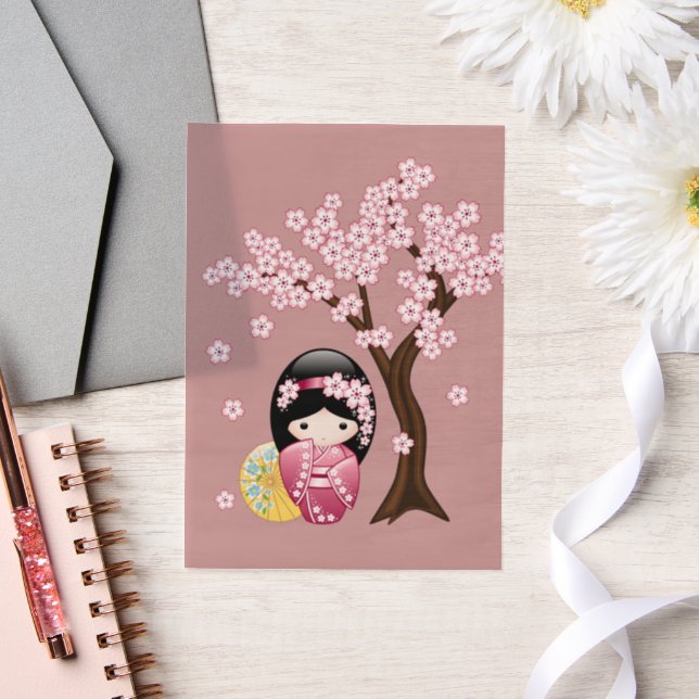 Spring Kokeshi Cute Japanese Geisha Pink Insert Vellum Invitations (Wedding)
