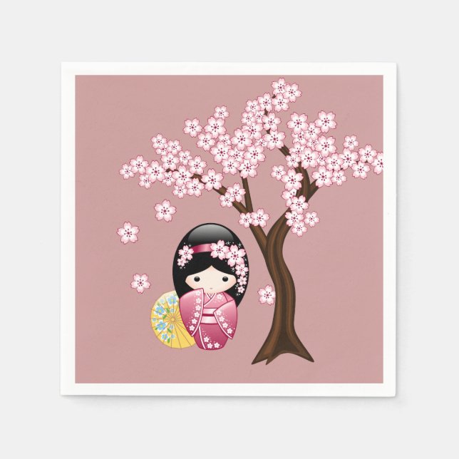 Spring Kokeshi Doll - Cute Geisha Girl on Pink Napkin (Front)