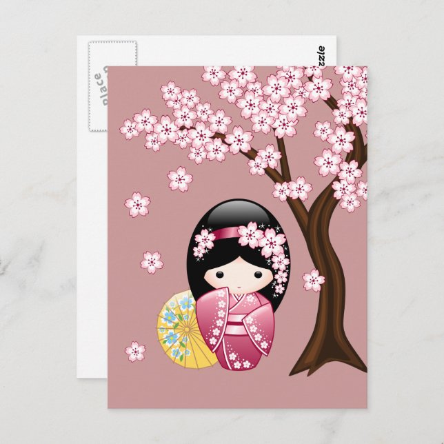 Spring Kokeshi Doll - Cute Geisha Missing You Postcard (Front/Back)