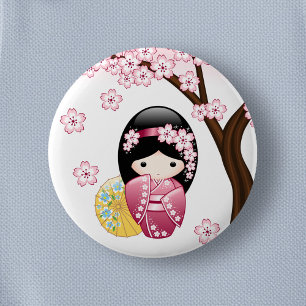 Spring Kokeshi Doll - Cute Japanese Geisha Girl 2 Inch Round Button