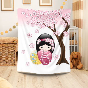 Spring Kokeshi Doll - Cute Japanese Geisha Girl Fleece Blanket