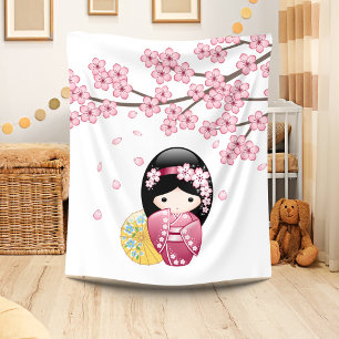 Spring Kokeshi Doll - Cute Japanese Geisha Girl Fleece Blanket