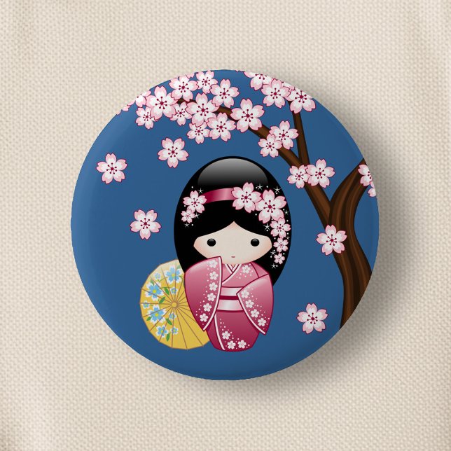 Spring Kokeshi Doll - Cute Japanese Geisha on Blue 2 Inch Round Button (Creator Uploaded)