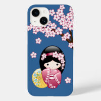 Spring Kokeshi Doll - Cute Japanese Geisha on Blue