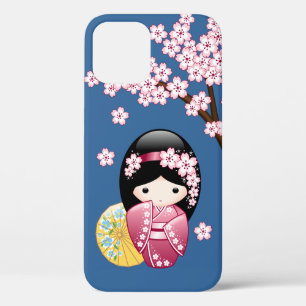 Spring Kokeshi Doll - Cute Japanese Geisha on Blue iPhone 12 Case