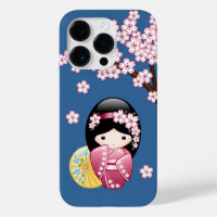 Spring Kokeshi Doll - Cute Japanese Geisha on Blue