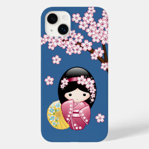 Spring Kokeshi Doll - Cute Japanese Geisha on Blue Case-Mate iPhone 14 Plus Case