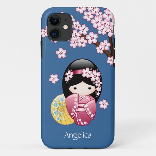 Spring Kokeshi Doll - Cute Japanese Geisha on Blue Case-Mate iPhone Case (Back)