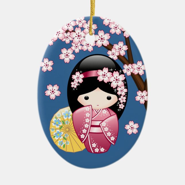 Spring Kokeshi Doll - Cute Japanese Geisha on Blue Ceramic Ornament (Front)