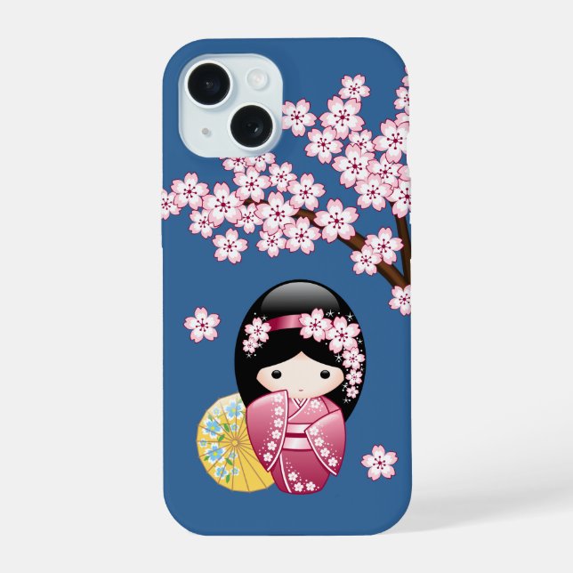 Spring Kokeshi Doll - Cute Japanese Geisha on Blue iPhone 15 Case (Back)