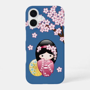 Spring Kokeshi Doll - Cute Japanese Geisha on Blue iPhone 16 Case