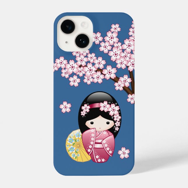 Spring Kokeshi Doll - Cute Japanese Geisha on Blue iPhone Case (Back)