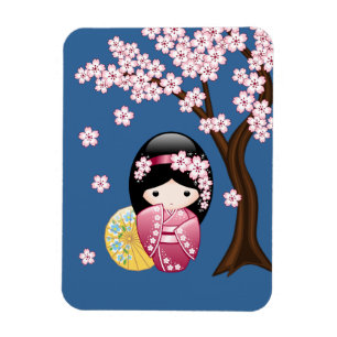 Spring Kokeshi Doll - Cute Japanese Geisha on Blue Magnet