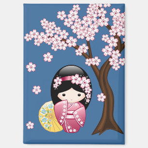 Spring Kokeshi Doll - Cute Japanese Geisha on Blue Magnet