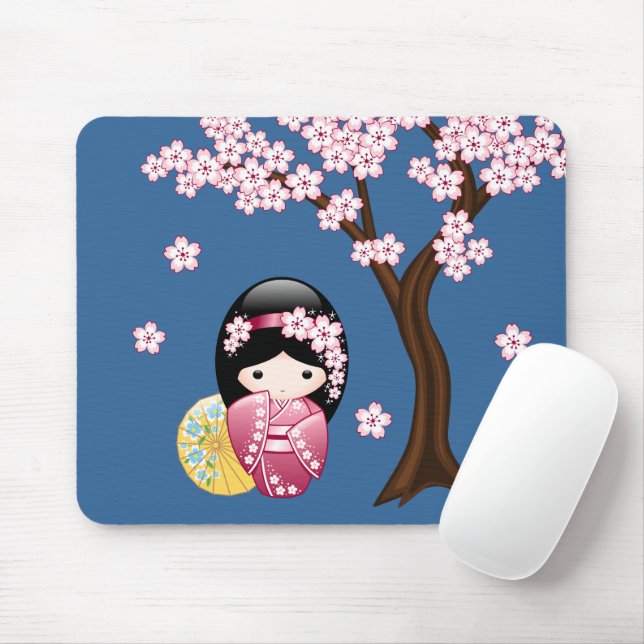Spring Kokeshi Doll - Cute Japanese Geisha on Blue Mouse Pad (With Mouse)