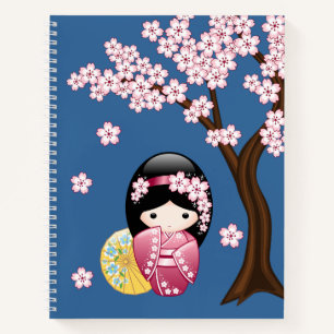 Spring Kokeshi Doll - Cute Japanese Geisha on Blue Notebook