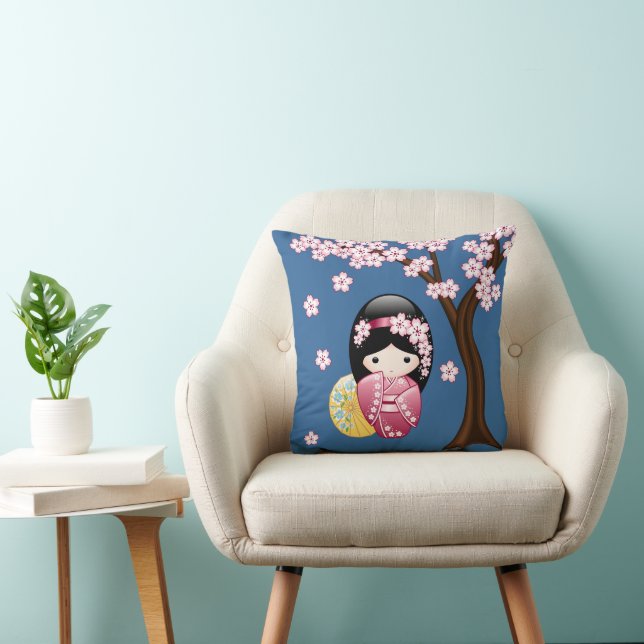 Spring Kokeshi Doll - Cute Japanese Geisha on Blue Throw Pillow (Chair)