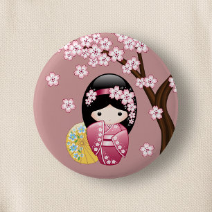 Spring Kokeshi Doll - Cute Japanese Geisha on Pink 2 Inch Round Button