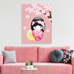 Spring Kokeshi Doll - Cute Japanese Geisha on Pink Canvas Print