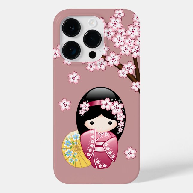 Spring Kokeshi Doll - Cute Japanese Geisha on Pink Case-Mate iPhone Case (Back)