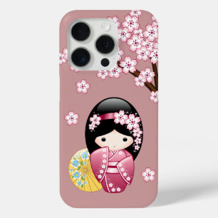 Spring Kokeshi Doll - Cute Japanese Geisha on Pink iPhone 15 Pro Case