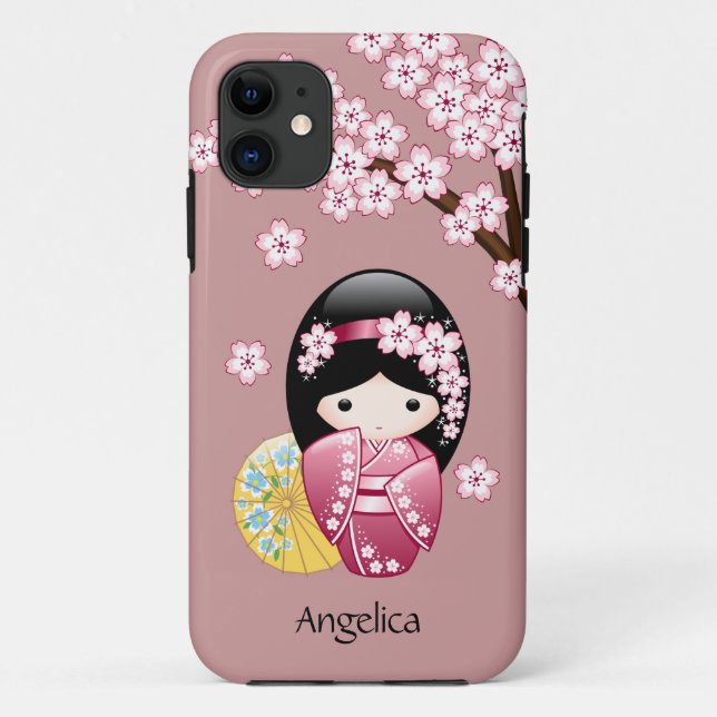 Spring Kokeshi Doll - Cute Japanese Geisha on Pink Case-Mate iPhone Case (Back)