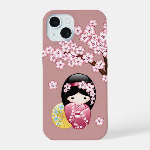 Spring Kokeshi Doll - Cute Japanese Geisha on Pink iPhone 15 Case