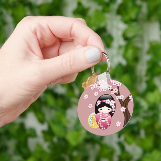 Spring Kokeshi Doll - Cute Japanese Geisha on Pink Keychain (Hand)