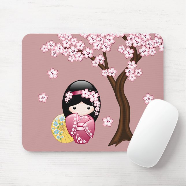 Spring Kokeshi Doll - Cute Japanese Geisha on Pink Mouse Pad (With Mouse)