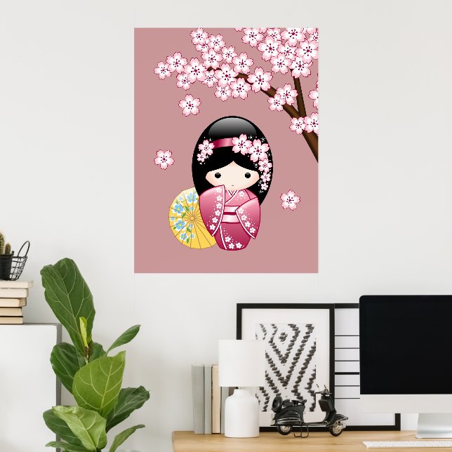 Spring Kokeshi Doll - Cute Japanese Geisha on Pink Poster (Home Office)
