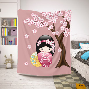 Spring Kokeshi Doll - Cute Japanese Geisha on Pink Sherpa Blanket