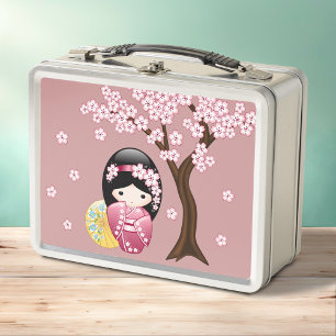 Spring Kokeshi Doll - Cute Japanese Geisha Pink Metal Lunch Box