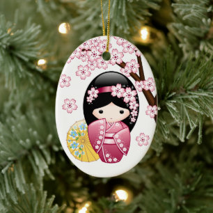 Spring Kokeshi Doll - Cute Japanese Geisha White Ceramic Ornament