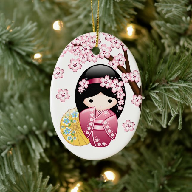 Spring Kokeshi Doll - Cute Japanese Geisha White Ceramic Ornament (Tree)