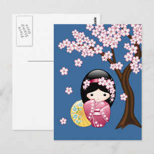 Spring Kokeshi Doll - Japanese Geisha Miss You Postcard