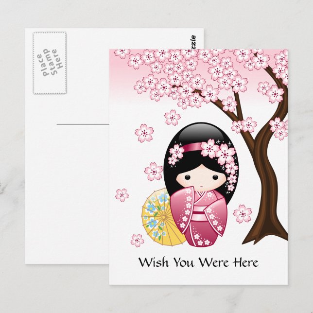 Spring Kokeshi Doll - Japanese Geisha Wish Postcard (Front/Back)