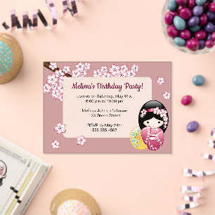 Spring Kokeshi Pink Transparent Window Birthday Acrylic Invitations